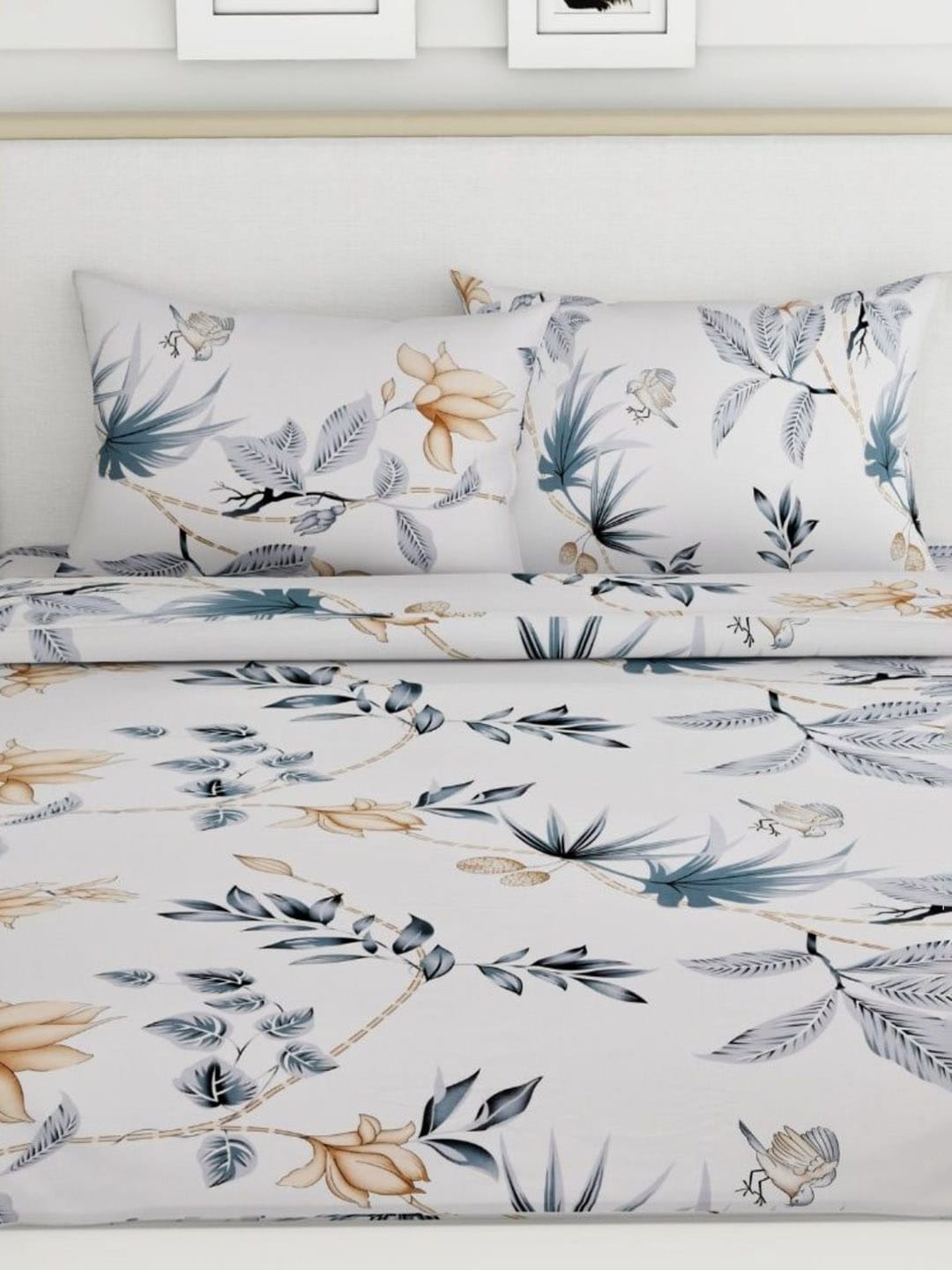 haus & kinder White & Grey Floral 186 TC Pure Cotton King Bedsheet & 2 Pillow Covers - Distacart