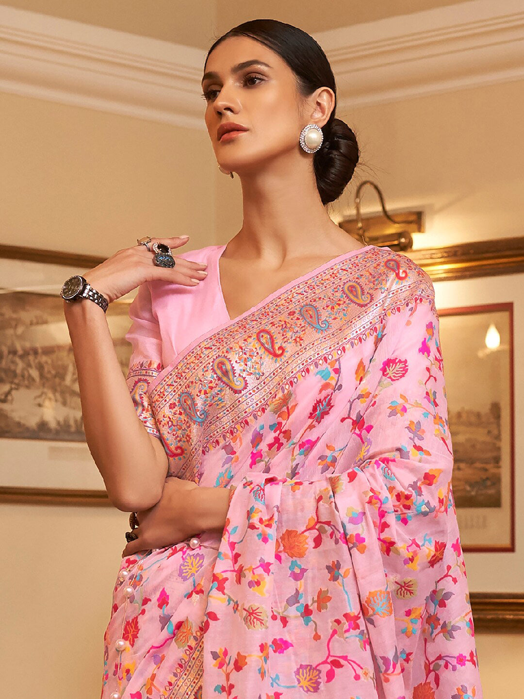Mitera Women Pink & Blue Woven Design Zari Silk Blend Paithani Saree - Distacart