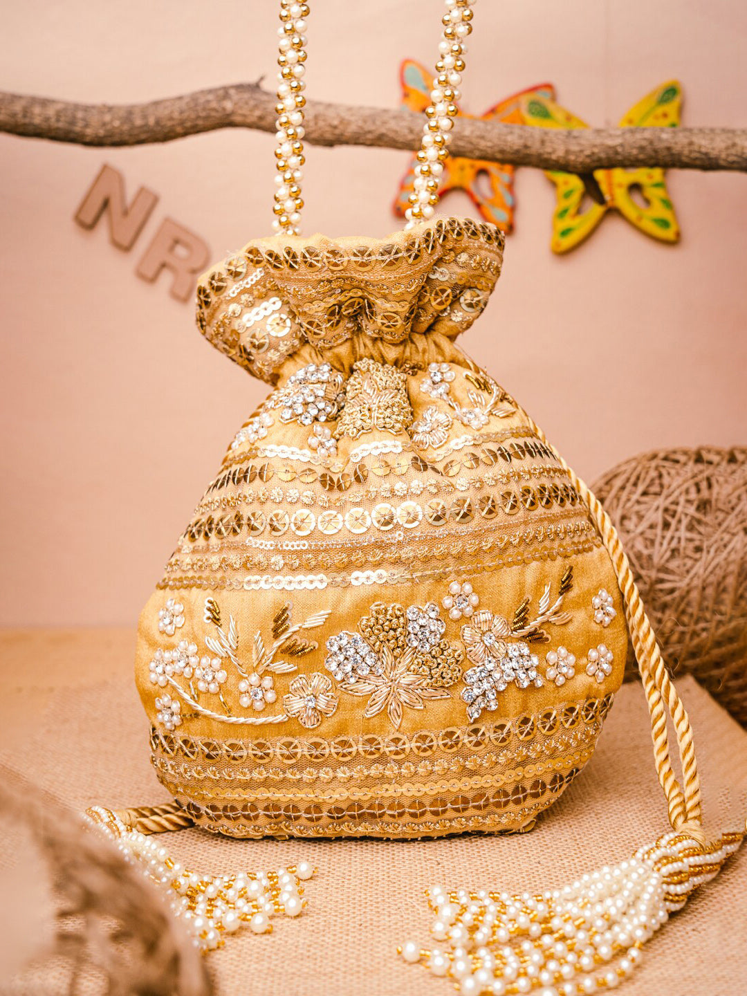 NR By Nidhi Rathi Women Gold Embroidered Potli Bag - Distacart