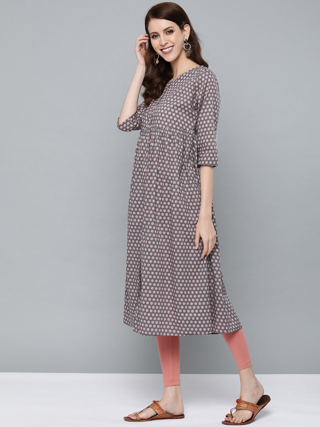 HERE&NOW Women Grey & Pink Floral Print Empire A-Line Kurta - Distacart
