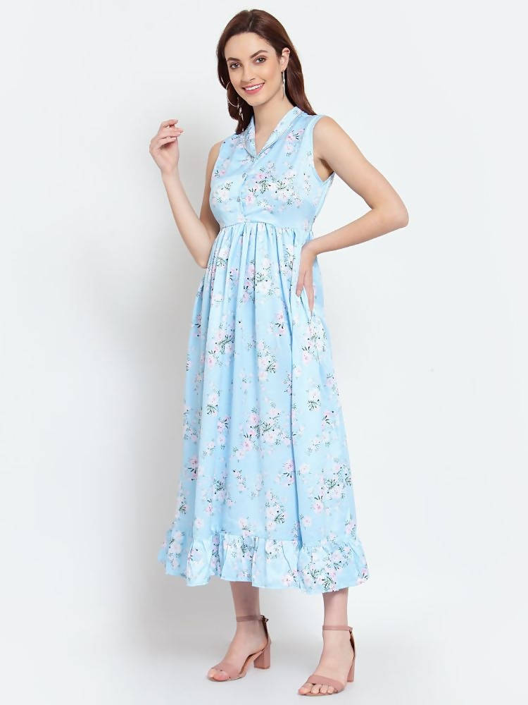 Myshka Women's Sky Blue Printed Cotton Blend Sleeveless Coller Casual Dress