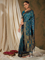 Thumbnail for Sangria Blue Floral Woven Design Zari Kanjeevaram Saree - Distacart