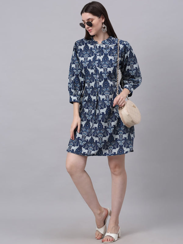 Kalini Women Navy Blue Ethnic Motif Short A-Line Kurta - Distacart