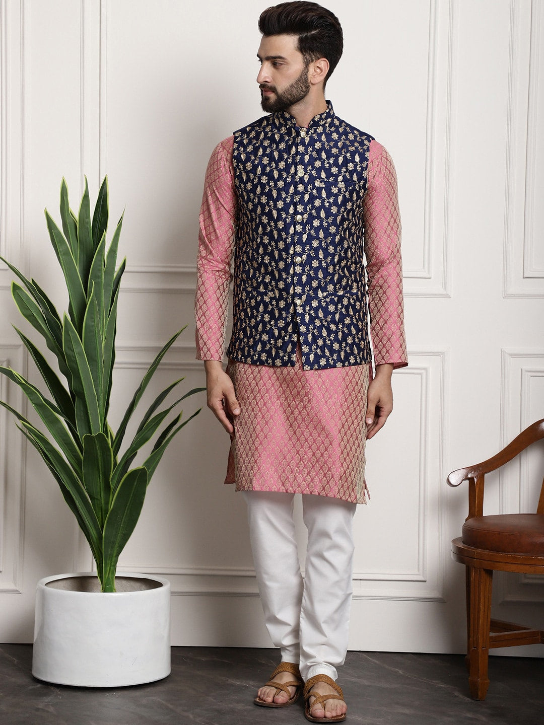 Sojanya Woven Design Mandarin Collar Kurta with Churidar & Nehru Jacket - Distacart