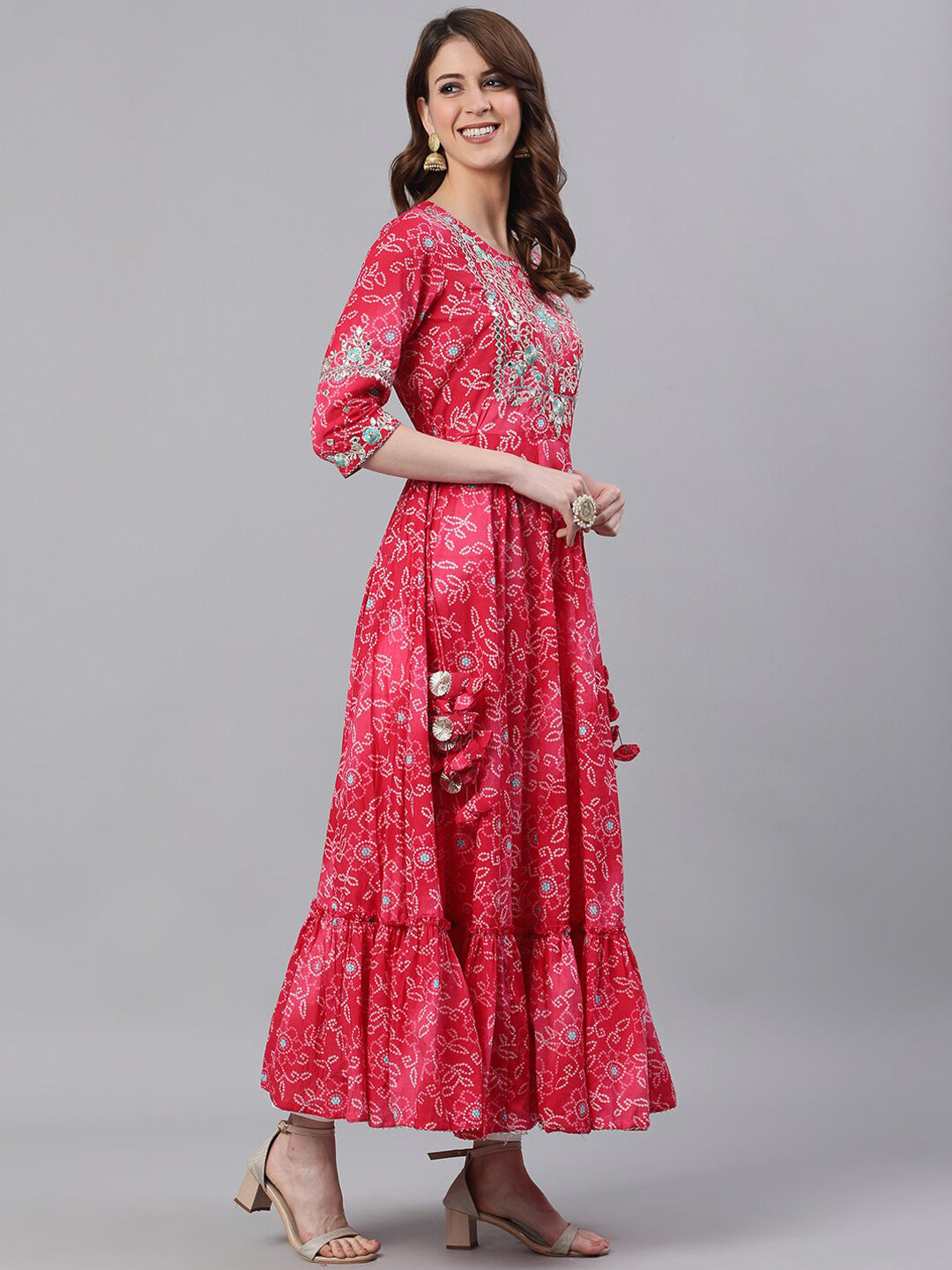 Ishin Women Pink Printed Anarkali Round Neck Regular Sleeves Kurta - Distacart