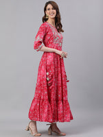 Thumbnail for Ishin Women Pink Printed Anarkali Round Neck Regular Sleeves Kurta - Distacart