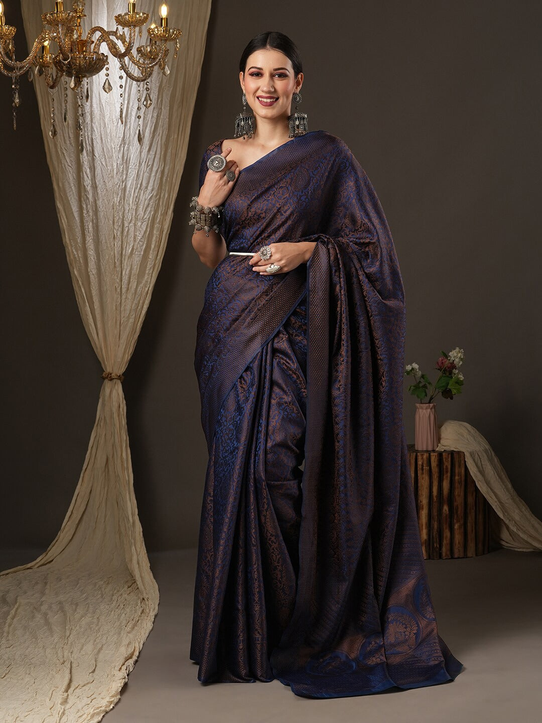 Saree Mall Navy Blue & Gold-Toned Woven Design Zari Silk Blend Banarasi Sarees - Distacart