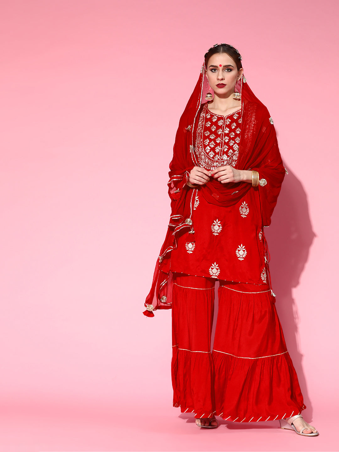 Ishin Women Red Floral Embroidered Regular Kurta with Sharara & With Dupatta - Distacart