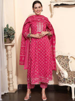 Thumbnail for Sangria Printed & Embroidered Pure Cotton A-Line Kurta With Trouser & Dupatta - Distacart
