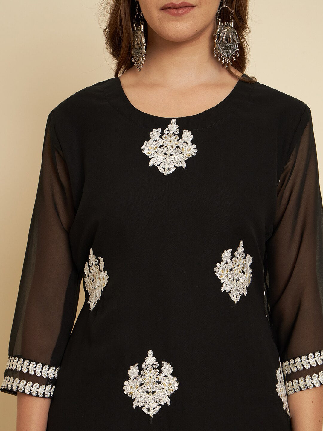 HERE&NOW Black & White Ethnic Motifs Chikankari Embroidered Georgette Kurta - Distacart