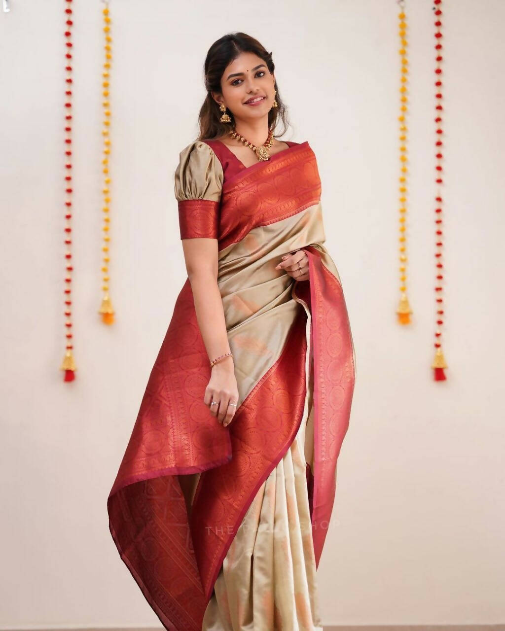 DEIANA'S Beautiful Golden Jari with New Design Soft Lichi Silk Saree - Cream - Distacart