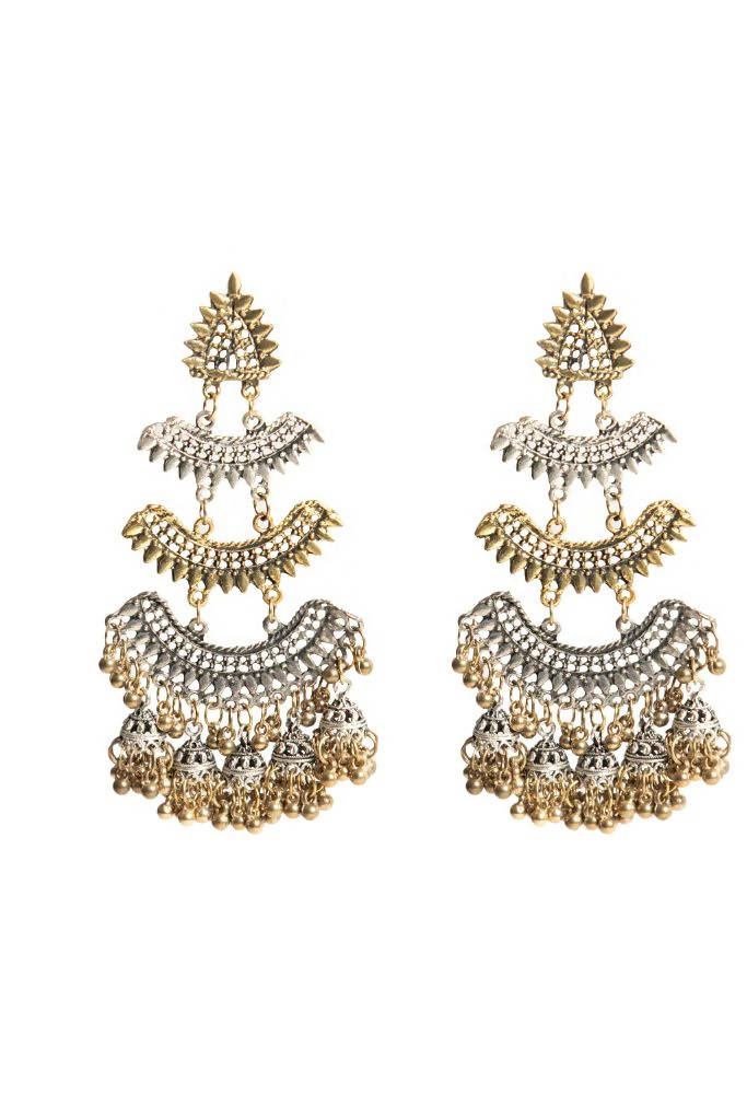 Tehzeeb Creations Silver And Golden Colour Oxidised Earrings With Jhumki Style