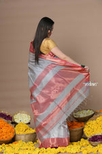 Thumbnail for Very Much Indian Rajsi - Handloom Ari Checks Cotton Silk Saree With Golden Border - Grey - Distacart