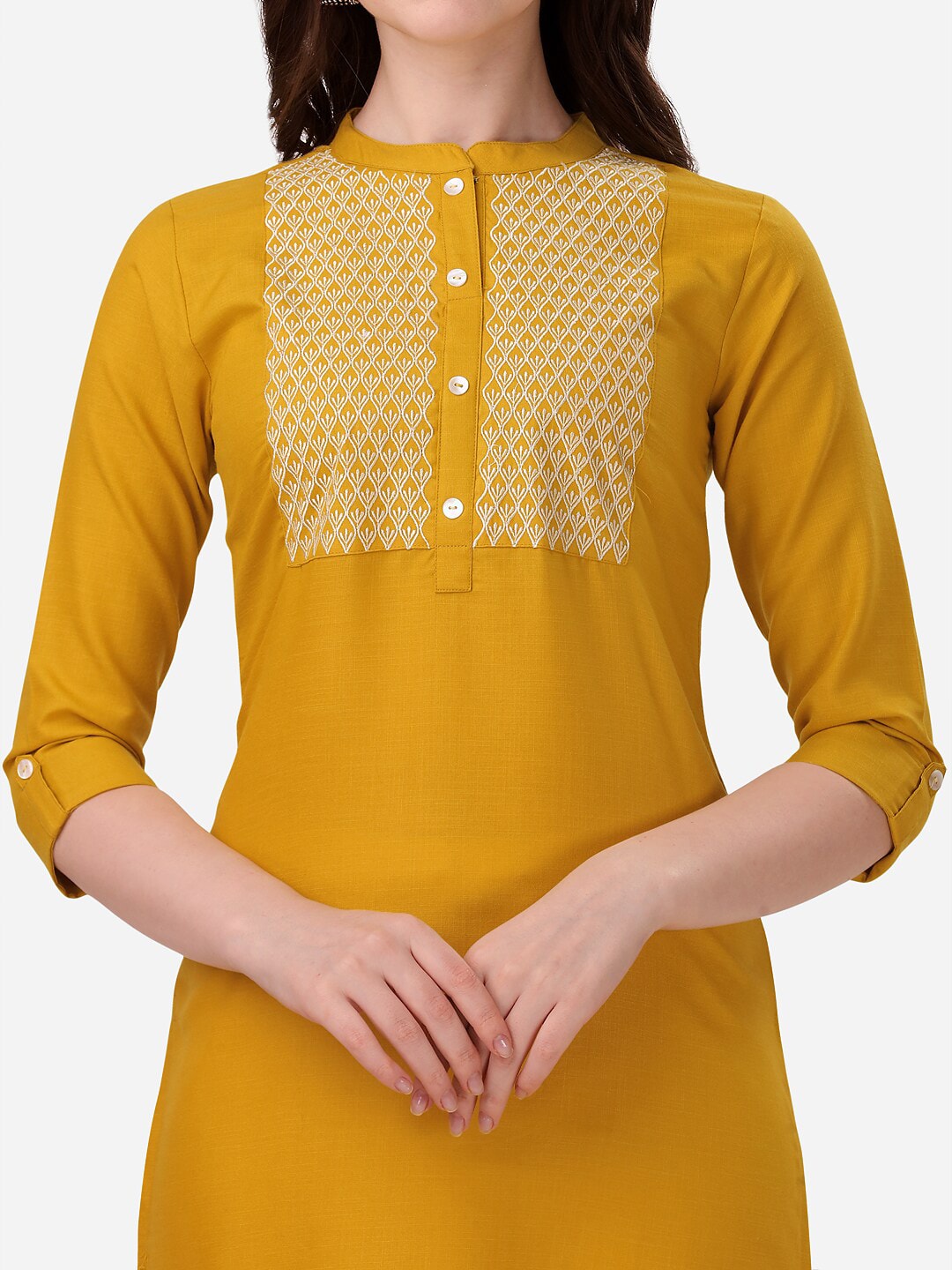 HERE&NOW Yoke Design Mandarin Collar Thread Work Cotton Kurta - Distacart