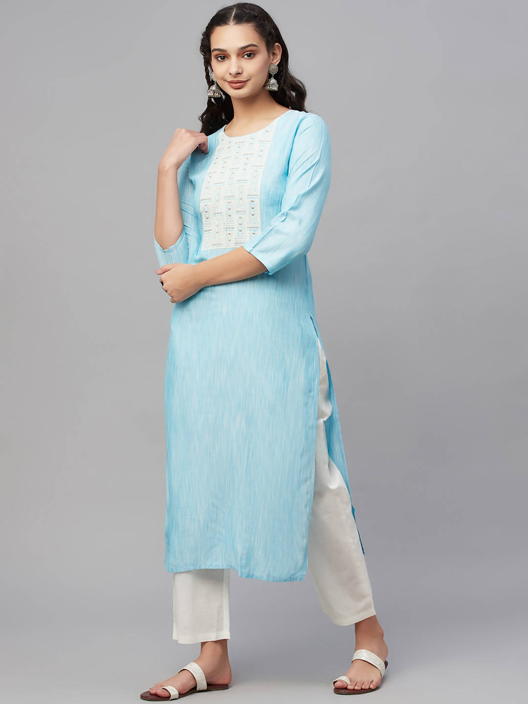 Myshka Turquoise Embroidered 3/4 Sleeve Round Neck Kurta Pant Dupatta Set - Distacart