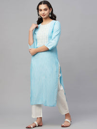 Thumbnail for Myshka Turquoise Embroidered 3/4 Sleeve Round Neck Kurta Pant Dupatta Set - Distacart