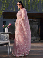 Thumbnail for Tikhi Imli Pink Floral Embroidered Mirror Work Organza Saree - Distacart
