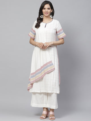Biba Women Off-White & Blue Checked Layered Kurta with Palazzos - Distacart