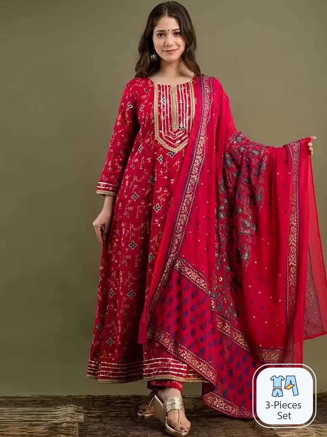 Kalini Floral Printed Gotta Patti Anarkali Kurta With Palazzos & Dupatta - Distacart