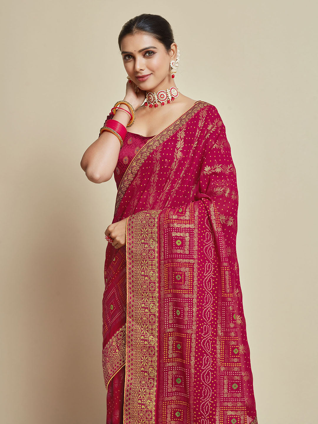 Sangria Pink Woven Design Zari Detail Poly Georgette Bandhani Saree - Distacart
