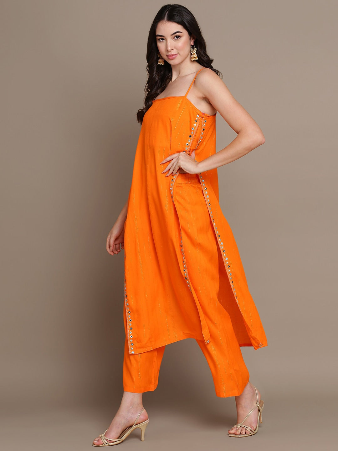 HERE&NOW Striped Mirror Work High Slit Kurta with Palazzos - Distacart