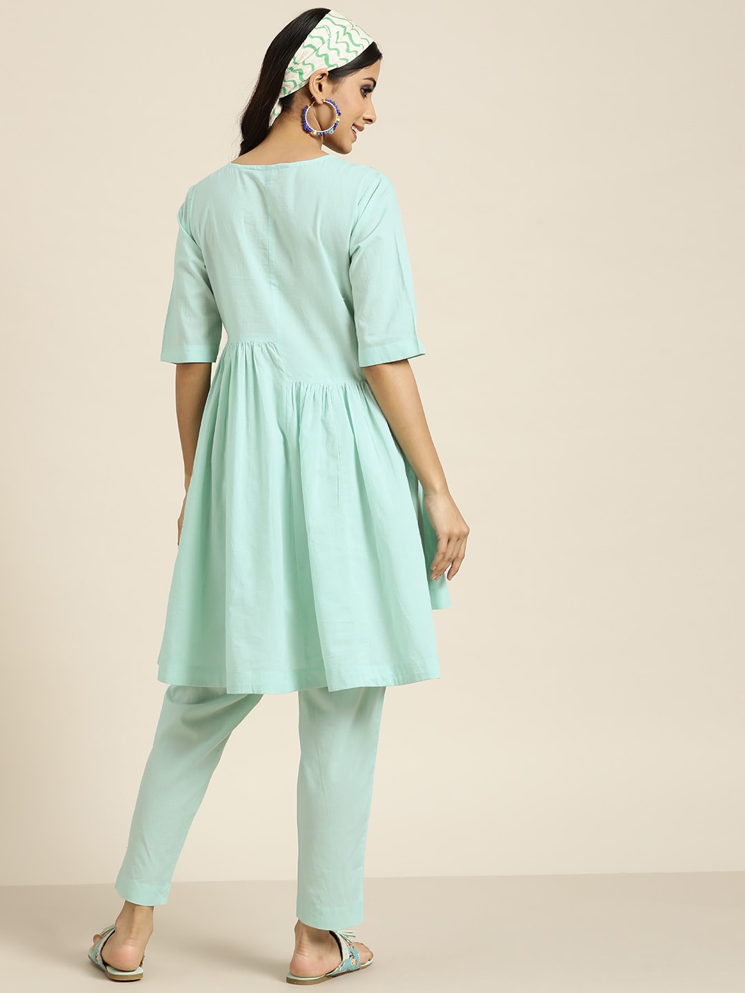 Sangria Women Turquoise Blue Floral Embroidered Kurta with Palazzos - Distacart