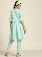Thumbnail for Sangria Women Turquoise Blue Floral Embroidered Kurta with Palazzos - Distacart
