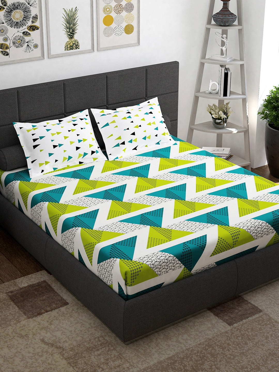 Story@home Ventura Green Geometric 152 TC Cotton Queen Bedsheet With 2 Pillow Covers - Distacart
