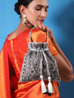 Thumbnail for Masq Grey & White Embellished Potli Clutch - Distacart