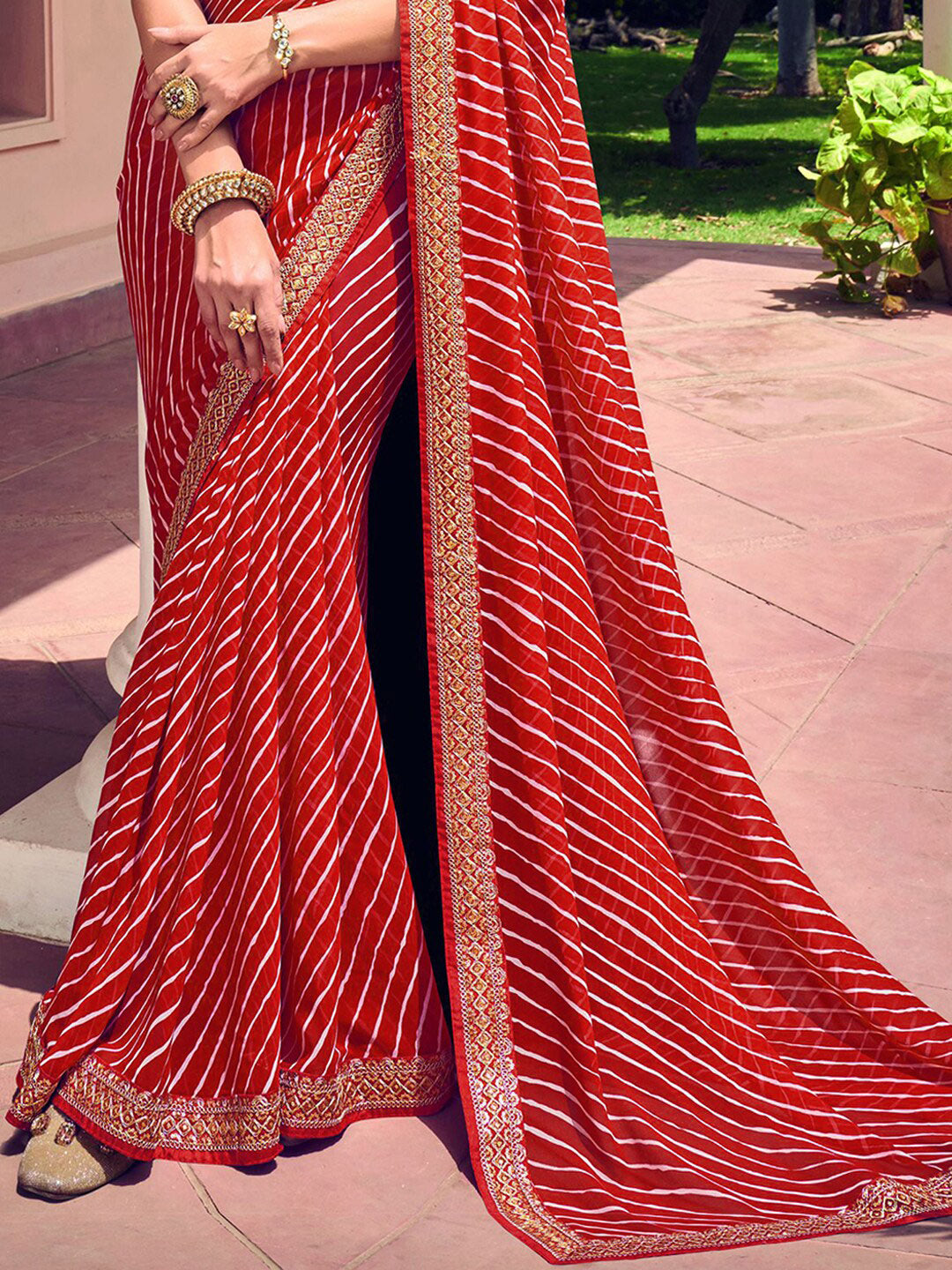 Mitera Red & White Leheriya Printed Embroidered Poly Georgette Leheriya Saree - Distacart