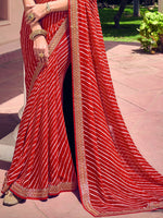 Thumbnail for Mitera Red & White Leheriya Printed Embroidered Poly Georgette Leheriya Saree - Distacart