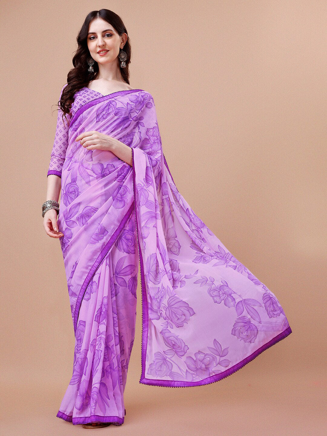 Sangria Purple Floral Printed Pure Chiffon Saree - Distacart