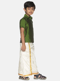 Thumbnail for Sethukrishna Boys Green Shirt & Cream-Coloured & Zari Border Veshti Set - Distacart