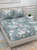 Thumbnail for DREAM WEAVERZ Grey & White Floral 220 TC Queen Bedsheet with 2 Pillow Covers - Distacart