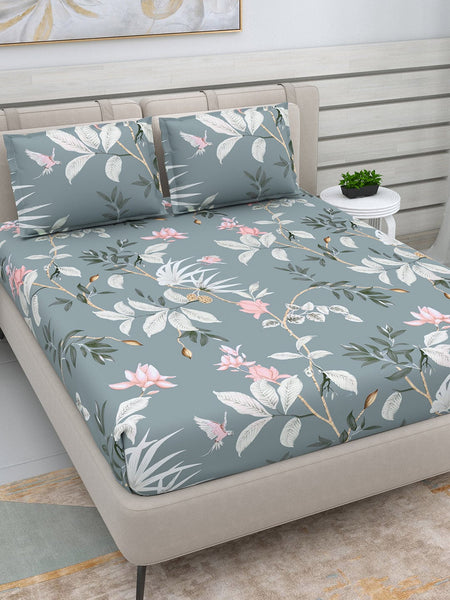 DREAM WEAVERZ Grey & White Floral 220 TC Queen Bedsheet with 2 Pillow Covers - Distacart