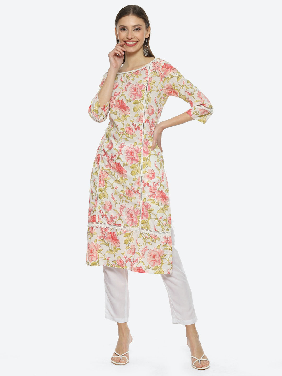 Biba Floral Printed Cotton Boat Neck Straight Kurta - Distacart