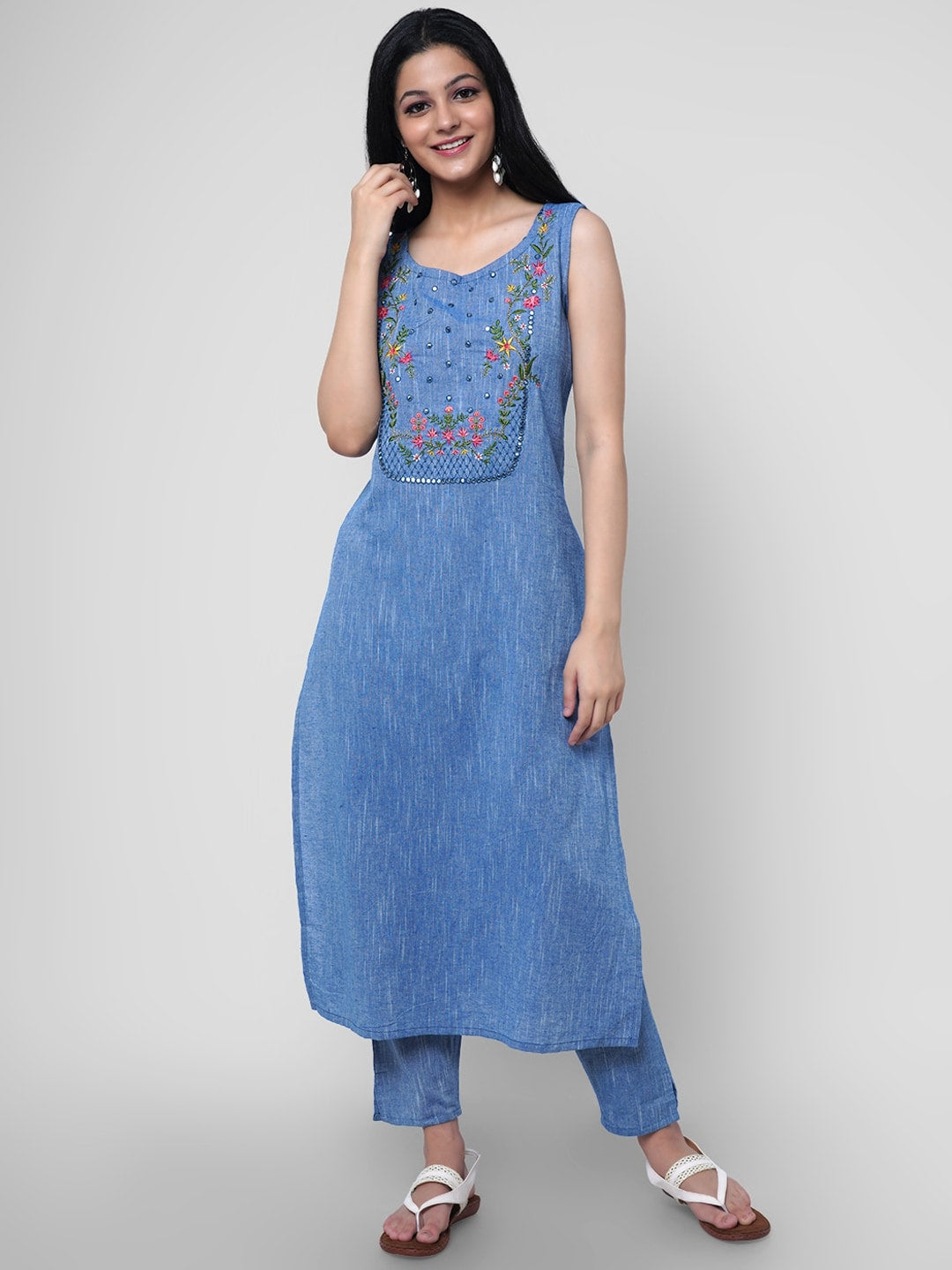 Kalini Women Blue Floral Yoke Design Thread Work Pure Cotton Kurta with Trousers - Distacart
