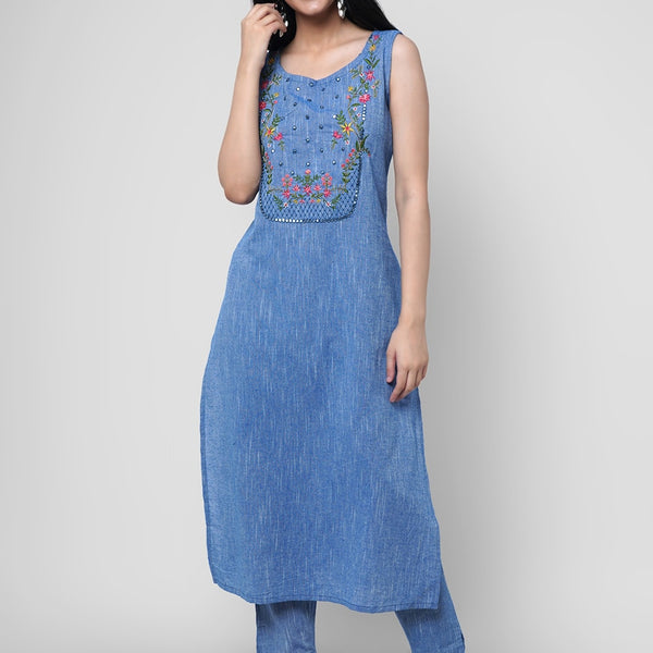 Kalini Women Blue Floral Yoke Design Thread Work Pure Cotton Kurta with Trousers - Distacart
