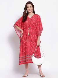 Thumbnail for Myshka Women's Red Printed Cotton Blend 3/4 Sleeve V Neck Casual Dress