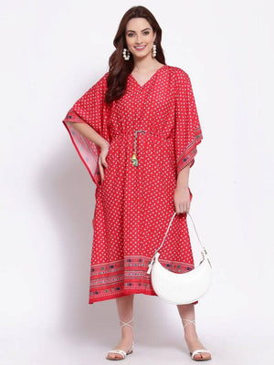 Myshka Women's Red Printed Cotton Blend 3/4 Sleeve V Neck Casual Dress
