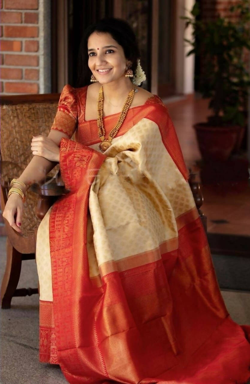 DEIANA'S Beautiful Golden Jari with New Design Soft Lichi Silk Saree - White - Distacart