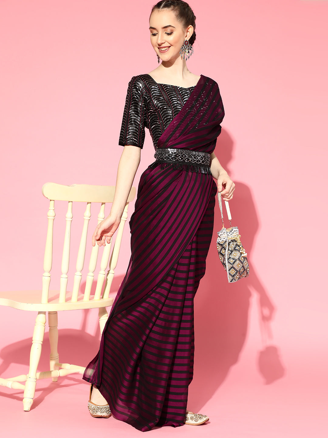 Saree Mall Burgundy Striped Poly Georgette Party Wear Saree with Matching Blouse - Distacart