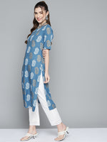 Thumbnail for HERE&NOW Women Blue & Golden Paisley Printed Straight Kurta - Distacart