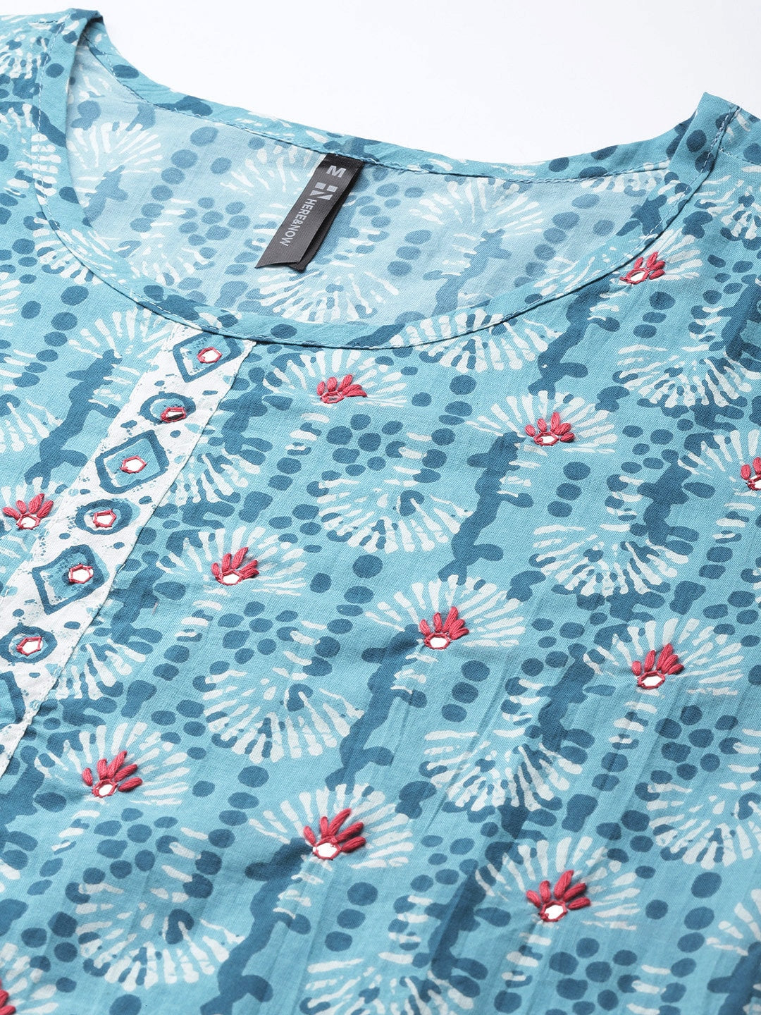 HERE&NOW Women Blue Floral Printed Thread Work Pure Cotton Kurta with Trousers & With Dupatta - Distacart