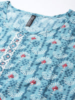 Thumbnail for HERE&NOW Women Blue Floral Printed Thread Work Pure Cotton Kurta with Trousers & With Dupatta - Distacart