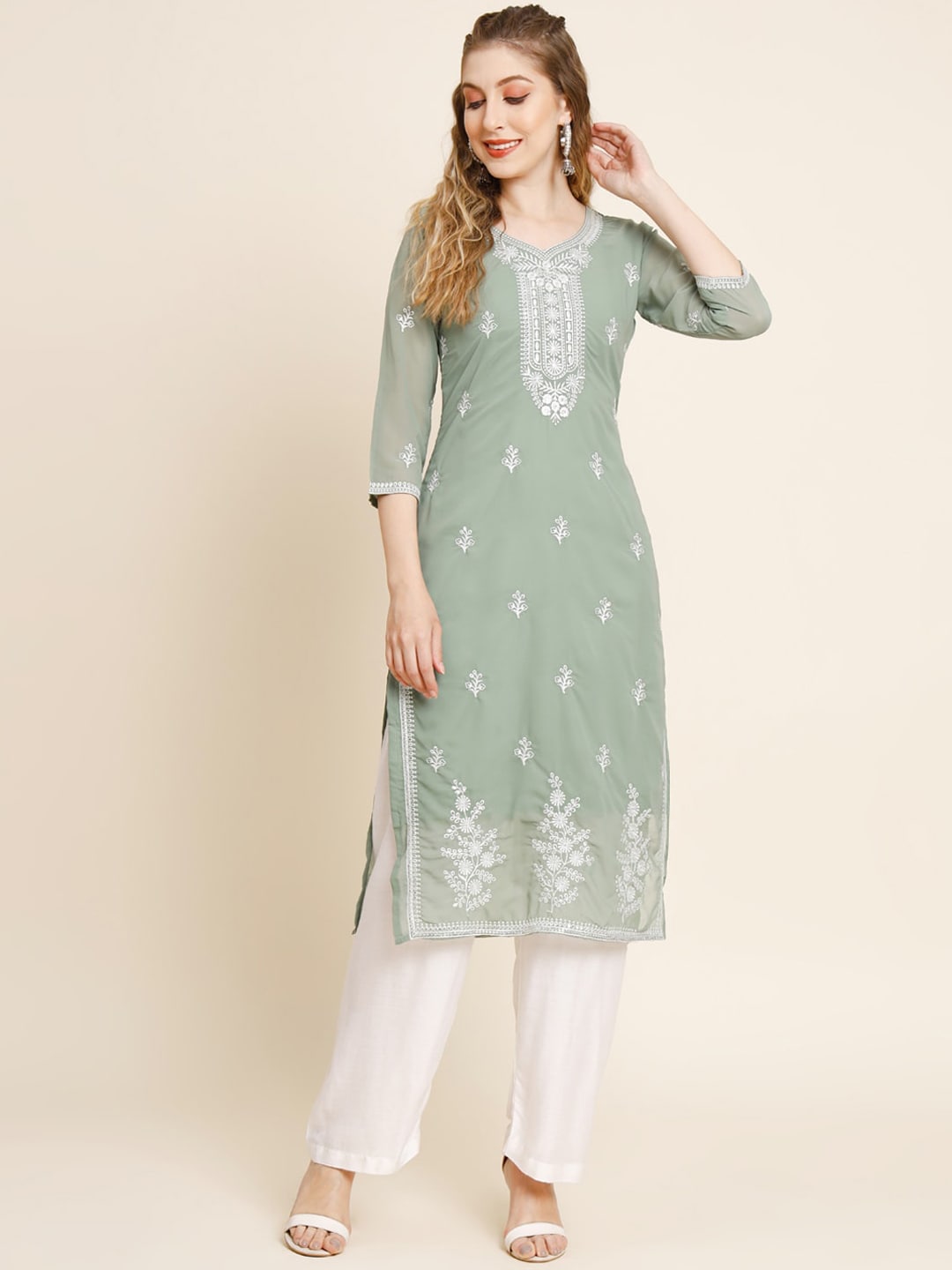 HERE&NOW Ethnic Motifs Embroidered Thread Work Georgette Kurta - Distacart