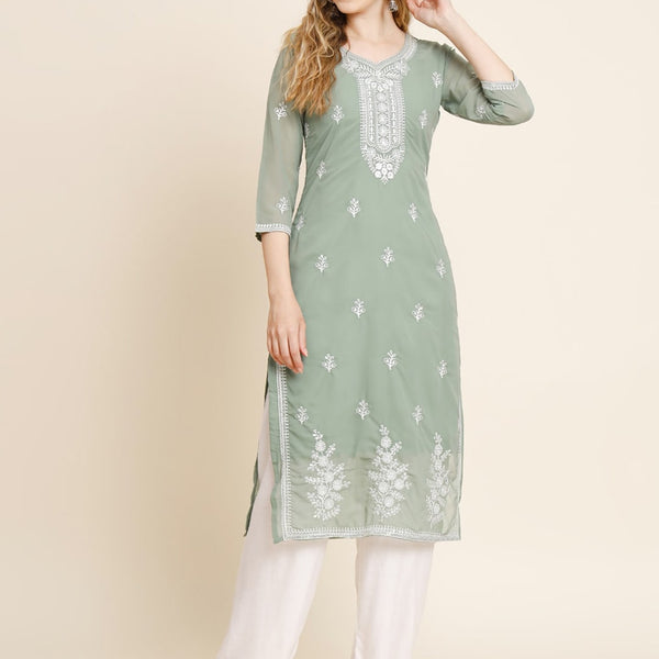 HERE&NOW Ethnic Motifs Embroidered Thread Work Georgette Kurta - Distacart