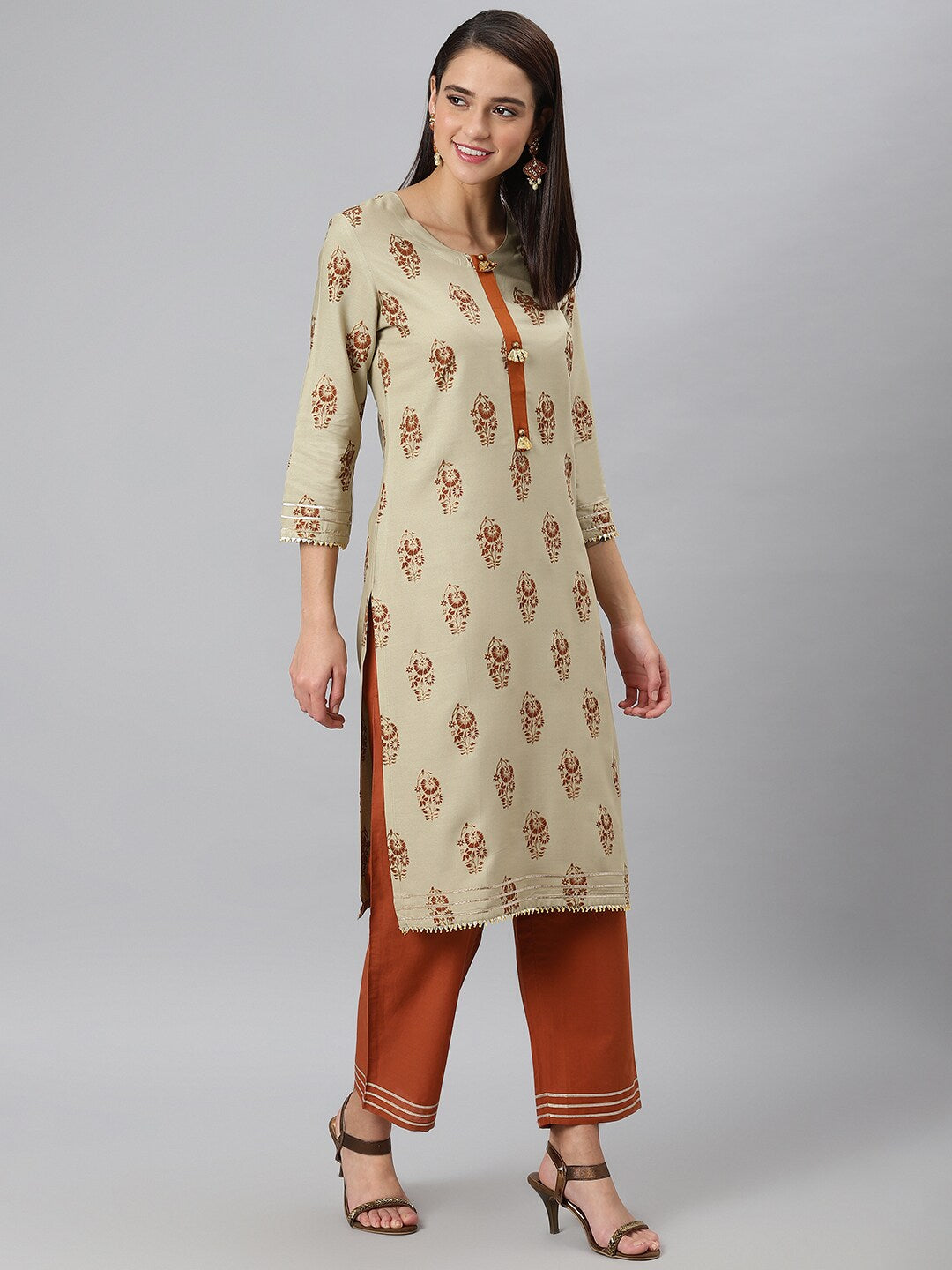 Khushal K Women Taupe & Rust Red Printed Kurta with Trousers & Dupatta - Distacart