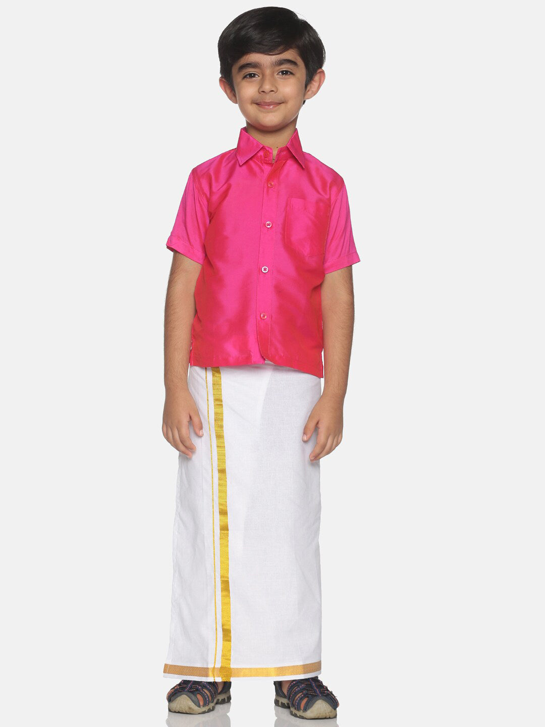 Sethukrishna Boys Pink & White Solid Shirt and Veshti - Distacart