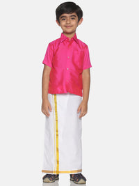 Thumbnail for Sethukrishna Boys Pink & White Solid Shirt and Veshti - Distacart